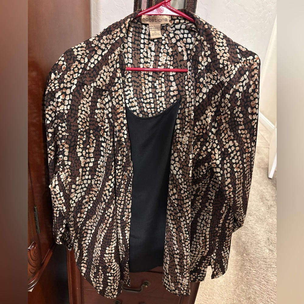 Notations Brown and Cream Printed Open-Front 2 in 1 top - Picture 1 of 3